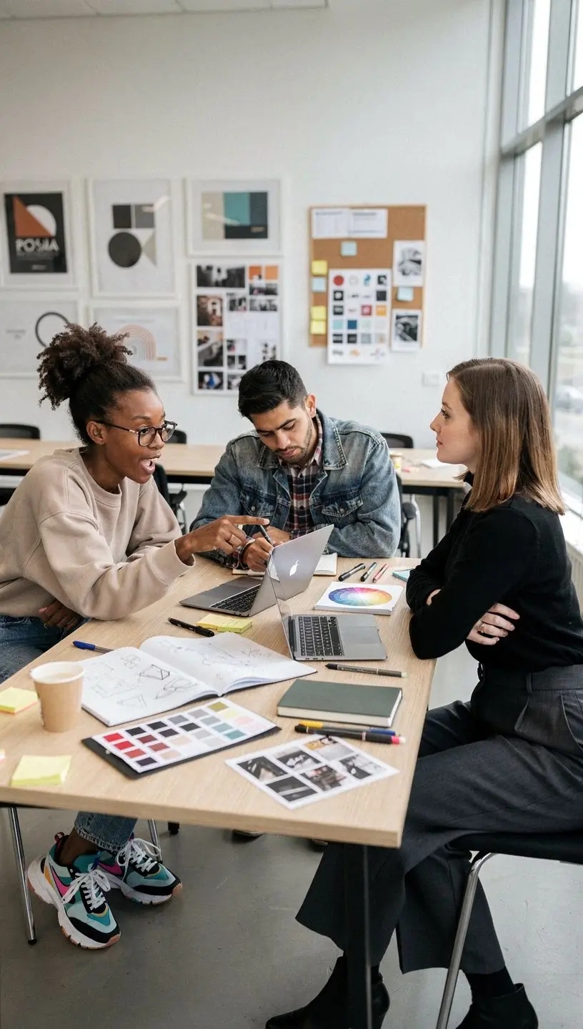 Студент, работающий над проектом в программе для дизайна, с открытым ноутбуком.