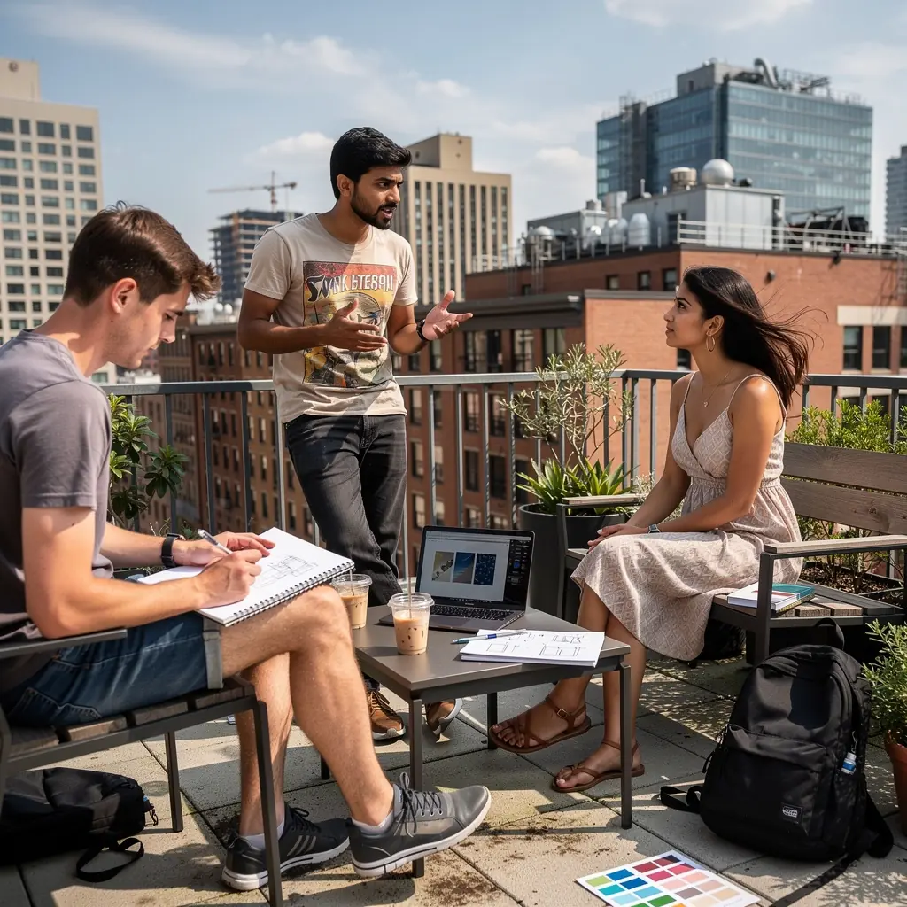 Рабочее пространство, заполненное материалами для обучения визуальному дизайну.